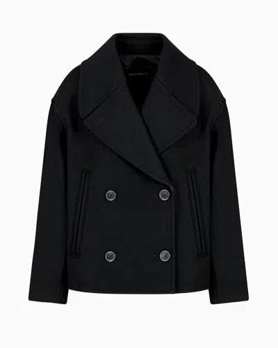 Emporio Armani Double-breasted Short Pea Coat In Virgin Wool Cavalry Twill In Black