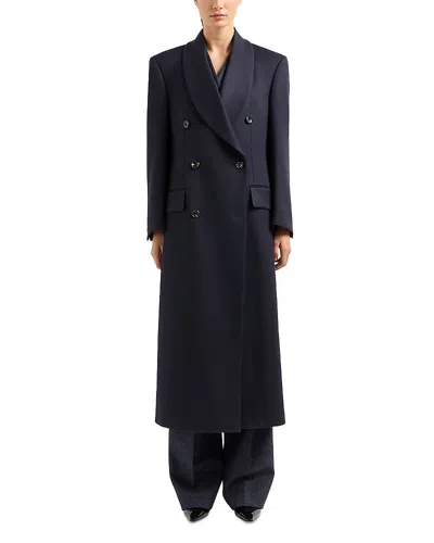 Emporio Armani Double Breasted Wool Coat In Solid Blue