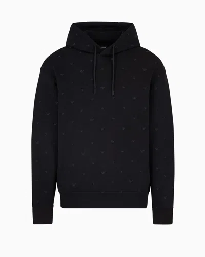 Emporio Armani Double-jersey Hooded Sweatshirt With All-over Micro Eagle Embroidery In Black