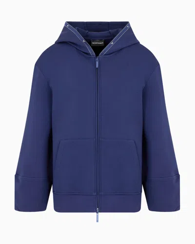 Emporio Armani Double-jersey Hooded Sweatshirt With Zip And Eagle Logo Tape In Blue