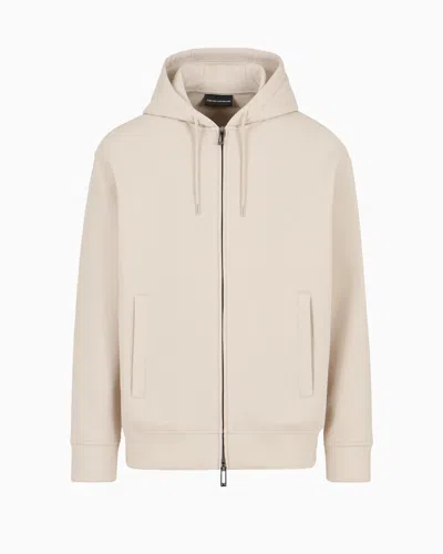 Emporio Armani Double-jersey Hooded Sweatshirt With Zip And Embossed Eagle Logo In Neutral