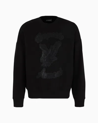 Emporio Armani Double-jersey Oversize Sweatshirt With Clubwear Patch And Rhinestone Embroidery In Black