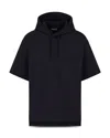 Emporio Armani Short Sleeved Hooded Woven Effect Jacquard Sweatshirt In Navy Blue