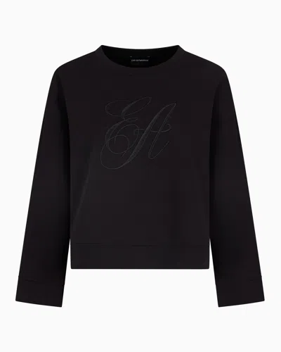 Emporio Armani Double-jersey Sweatshirt With Oversized Logo Embroidery In Black