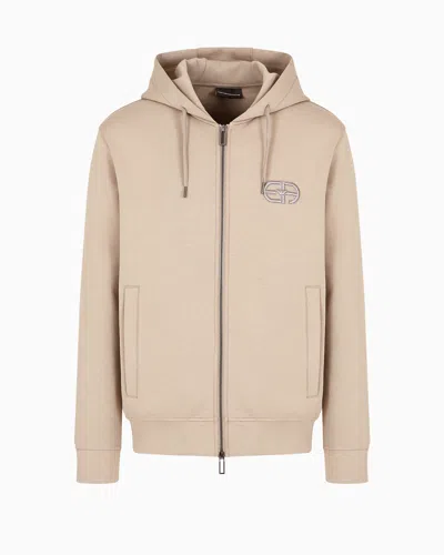 Emporio Armani Double-jersey Zip-up Hooded Sweatshirt With Embossed, Embroidered Ea Logo In Beige
