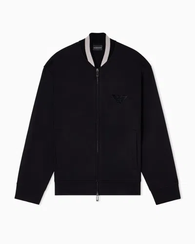 Emporio Armani Double-jersey Zip-up Sweatshirt With Bomber Jacket Collar And Eagle Patch In Black