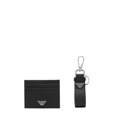Emporio Armani Double-sided Card Holder Keychain Set In Black