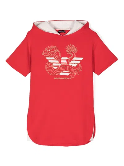 Emporio Armani Kids' Dragon-embroidered Jersey Minidress In Red