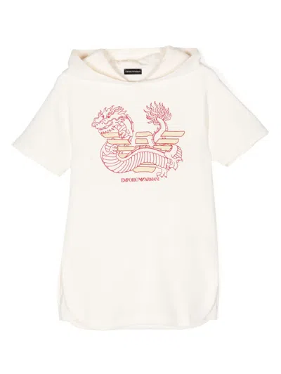 Emporio Armani Kids' Dragon-embroidered Jersey Minidress In Neutrals