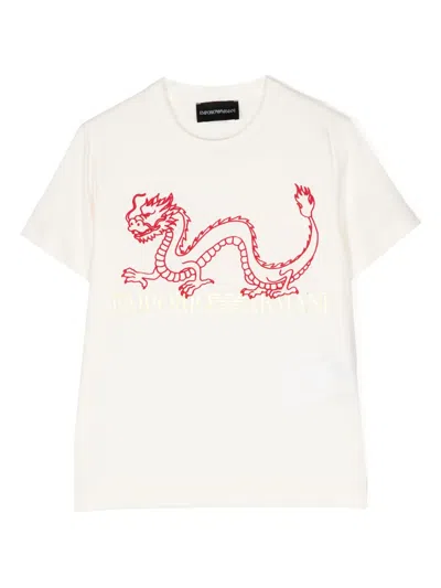 Emporio Armani Kids' Dragon-print Crew-neck T-shirt In Neutrals