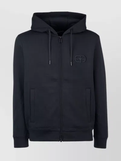 Emporio Armani Drawstring Hooded Sweater Ribbed Cuffs In Black