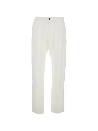 Emporio Armani White Trousers With Elastic Waist In Linen Man In Multi