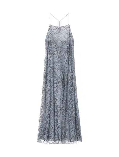 Emporio Armani Long Tulle Dress With All-over Micro-sequin And Jet Embroidery In Gray