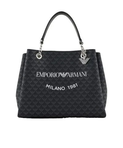 Emporio Armani Eagle And Milano 1981 Logo Print Tote Bag In Black