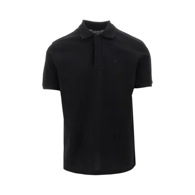 Emporio Armani Eagle Embroidery Piquet Polo Shirt In Black