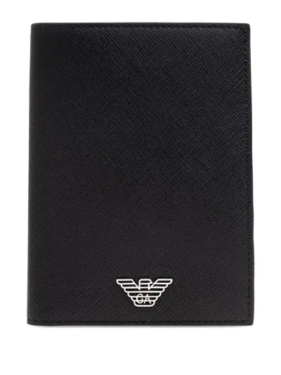 Emporio Armani Grained Leather Passport Holder In Black
