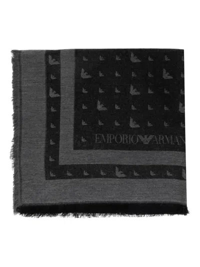 Emporio Armani Eagle-logo Fringed Scarf In Black