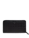 Emporio Armani Zip-around Leather Wallet With All-over Embossed Eagle In Black
