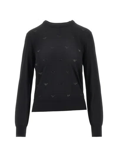 Emporio Armani Eagle Motif Crystal-embellished Sweater In Black