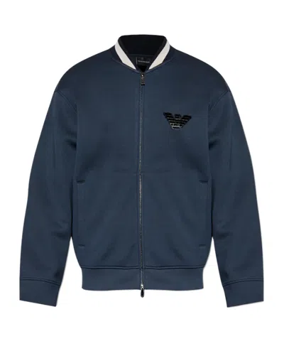 Emporio Armani Eagle Patch Double-jersey Zip-up Sweatshirt In Blue