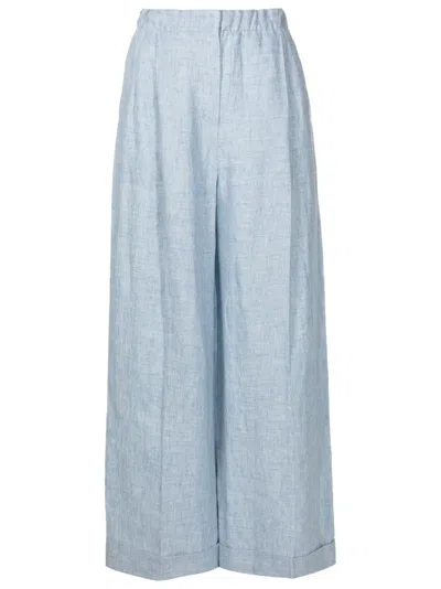 Emporio Armani Official Store Jaspé-linen Trousers With Elasticated Waist And Turn-ups In Azure