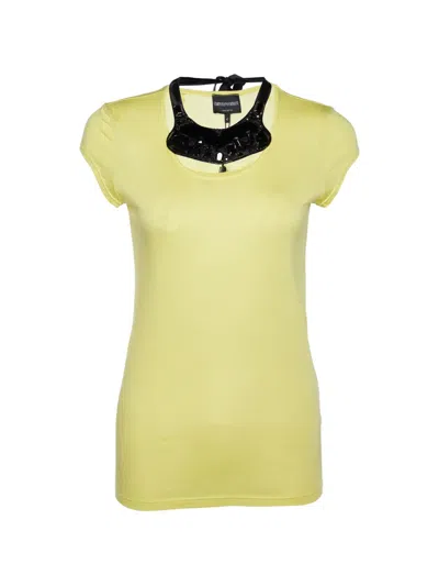 Pre-owned Emporio Armani Embellished-neck-detail T-shirt In Yellow