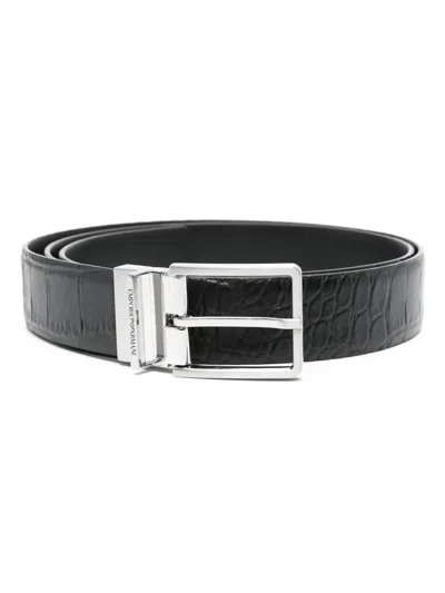 Emporio Armani Embossed-crocodile Leather Belt In Black