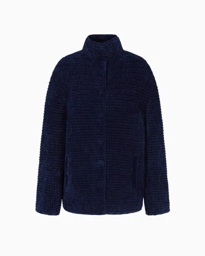 Emporio Armani Embossed Jacquard Bonded Terry-effect Chenille Jacket In Blue