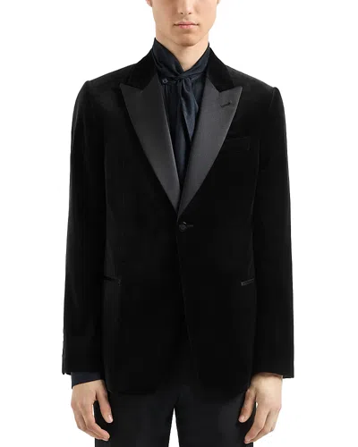 Emporio Armani Embossed Print And Satin Lapel Blazer In Solid Black