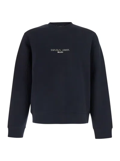 Emporio Armani Embroidered Logo Cotton Sweatshirt In Blue