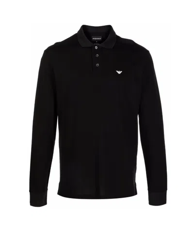 Emporio Armani Embroidered-logo Long-sleeved Polo Shirt In Black
