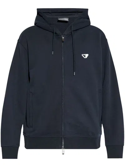 Emporio Armani Embroidered Logo Zipped Hoodie In Blue