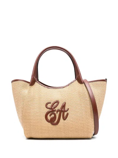 Emporio Armani Straw Tote Bag Shoulder Strap Top Handle In Brown