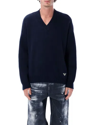 Emporio Armani Wool V-necked Sweater In Blue