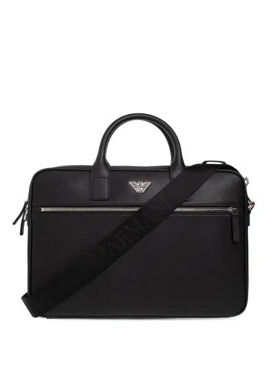 Emporio Armani Regenerated Saffiano Leather Business Bag With Eagle Plate In Black