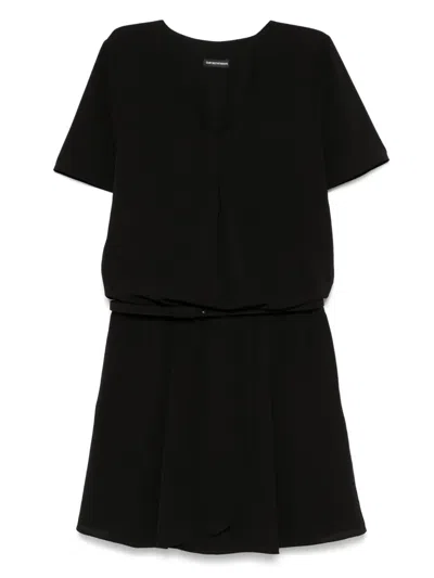 Emporio Armani Inverted Pleat Short Sleeve Dress In Solid Dark Blue