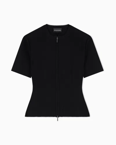 Emporio Armani Fabric-stitch Knit Zip-up Jacket In Black