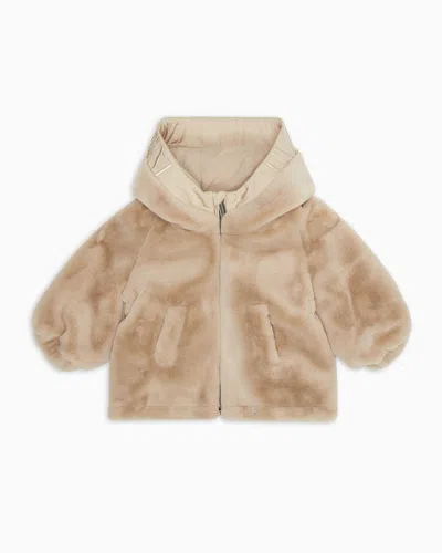 Emporio Armani Kids' Faux-fur Blouson With Zip And Hood In Beige