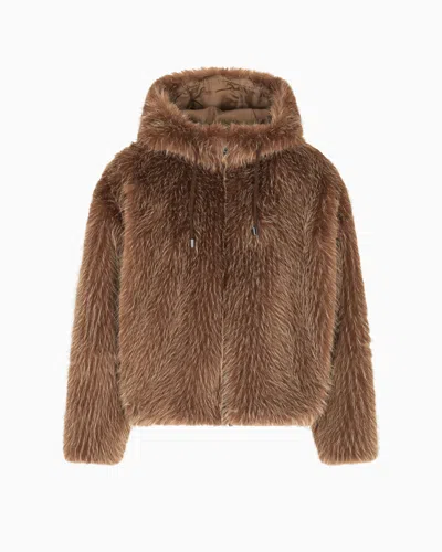 Emporio Armani Faux Fur Hooded Blouson In Brown