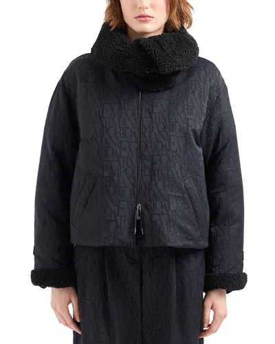 Emporio Armani Faux Fur Trim Logo Coat In Black