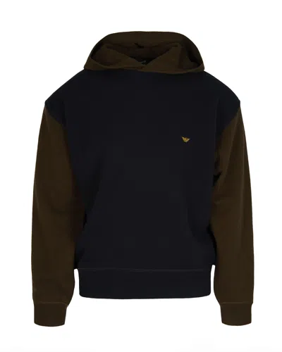 Emporio Armani Colorblock Wool Hoodie With Ribbed Details And Eagle Embroidery In Multi