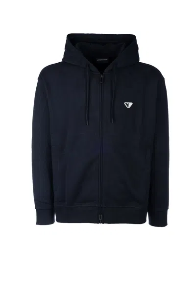 Emporio Armani Hooded Sweater With Front Pockets And Ribbed Cuffs In Blunavy
