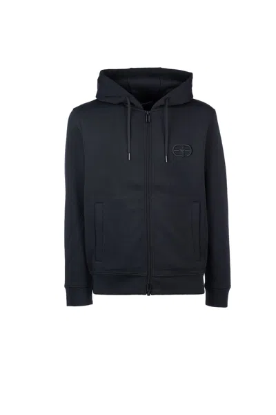 Emporio Armani Logo-embroidered Zipped Drawstring Hoodie In Blue