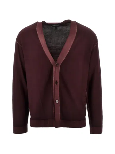 Emporio Armani Cardigan In Plain Knit Virgin Wool With Rib Details In Burgundy