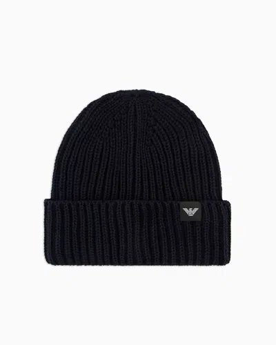 Emporio Armani Fisherman's Rib Virgin Wool-blend Beanie In Black
