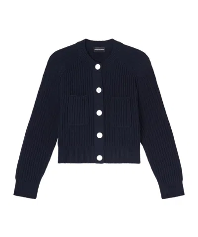 Emporio Armani Fishermans-rib Knit Cardigan In Blue