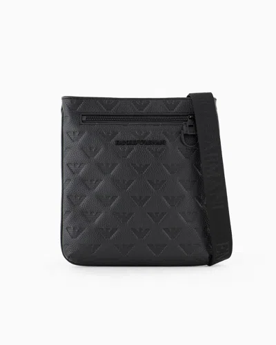 Emporio Armani Official Store Flat Leather Shoulder Bag With All-over Embossed Eagle In Black