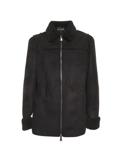 Pre-owned Emporio Armani Fleece-trim Zip-up Jacket In Black
