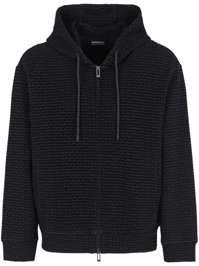 Emporio Armani Flocked-logo Double-jersey Zip-front Hoodie In Black