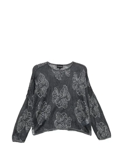 Emporio Armani Floral Crewneck Sweater Lightweight Knitwear In Black